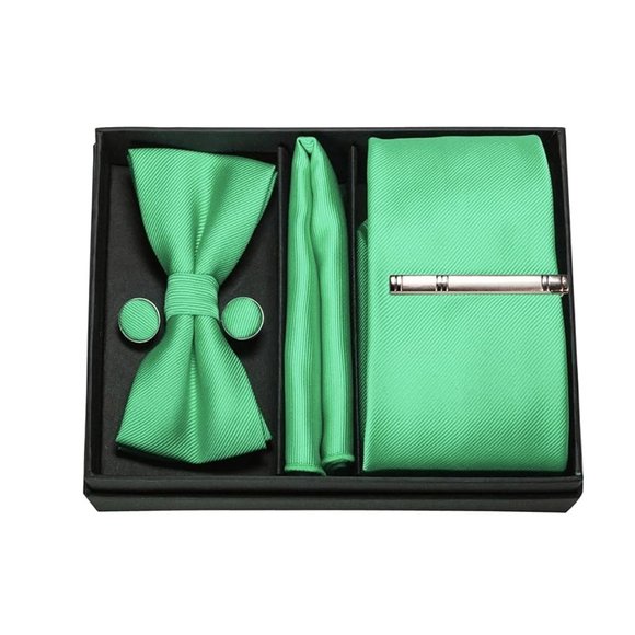 Mens 5 Piece Tie + Bow Tie + Pocket Square + Cufflinks + Clip Satin Lime Green - Picture 3 of 5
